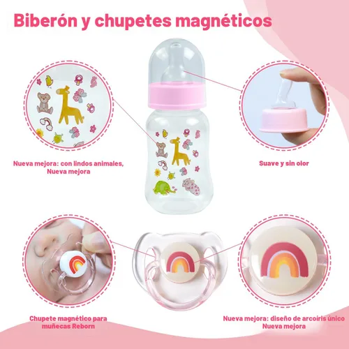 Vista 5 de SCOM Juego de Accesorios para Muñecas Reborn - Chupones Magnéticos Transparentes de Arcoíris y Botellas para Muñecas Reutilizables y Desmontables