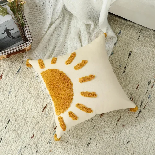 Vista 2 de Fundas de almohada bohemias de 18 x 18 pulgadas, fundas de almohada decorativas de sol con borlas, funda de almohada moderna marroquí para sofá