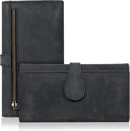Vista 23 de Cartera de cuero genuino para mujer de cuero con bloqueo RFID - Tarjetero triple de diseñador para damas tipo clutch con ventana de identificación