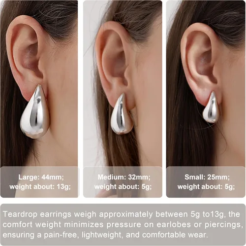 Vista 2 de Aretes de aro gruesos de oro para mujer, aretes ligeros de lágrima de plata de ley 925, aretes grandes chapados en oro, aretes de gota de agua