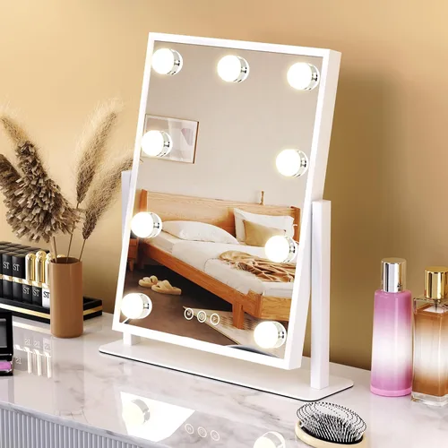 Vista 7 de Dirket Espejo de tocador con luces, espejo de maquillaje iluminado estilo Hollywood con 9 bombillas regulables y 3 modos de iluminación