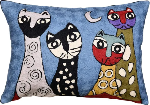 Vista 8 de Funda de almohada lumbar Picasso - Cojín abstracto de gatitos azules - Lana bordada a mano tamaño 14 x 20