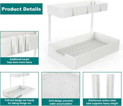 Vista 7 de IRONBOX Organizador para debajo del fregadero, paquete de 2 organizadores de baño extraíbles en forma de L, estante deslizante para almacenamiento