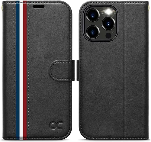 Vista 8 de OCASE Funda tipo cartera compatible con iPhone 15 Pro, de piel sintética, con tarjetero, bloqueo RFID, soporte para teléfono