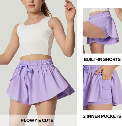 Vista 4 de Ewedoos Pantalones cortos holgados 2 en 1 para niñas, pantalones cortos atléticos de mariposa, talla 10-12, lindos pantalones cortos de moda