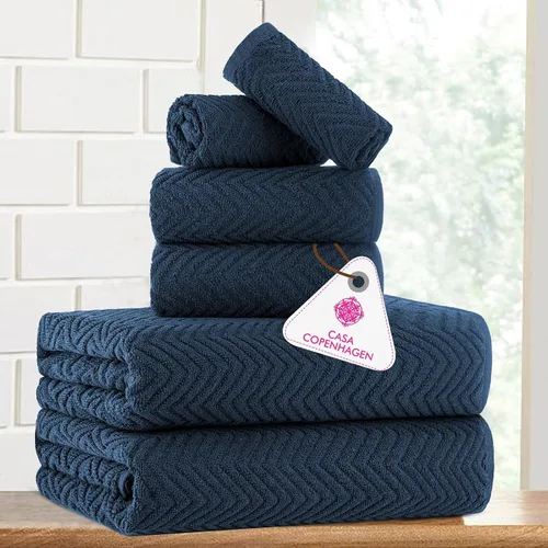 Vista 2 de CASA COPENHAGEN Juego de toallas texturizadas onduladas de 6 piezas - Azul marino, 550 g/m², 2 toallas de baño, 2 toallas de mano, 2 toallitas