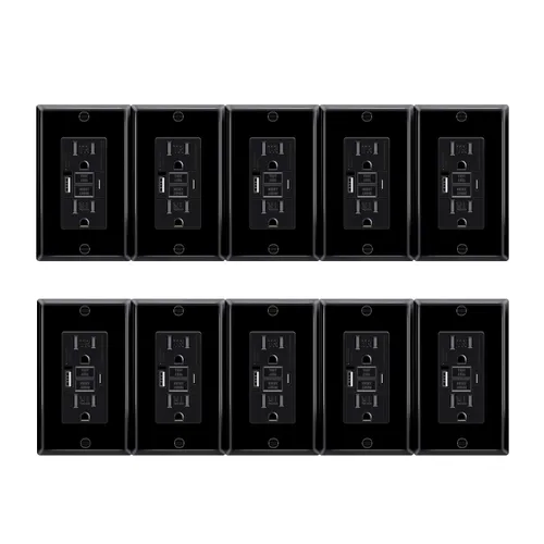 Vista 21 de Toma GFCI negra de 15 amperios con puertos USB C y USB-A, 1 unidad de 24 W de autotprueba GFCI USB Combo con indicador LED, resistente a