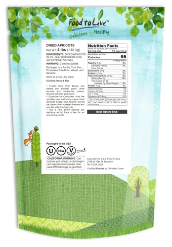Vista 2 de Food to Live - Albaricoques secos, 4 libras kosher, vegano, a granel, producto de Turquía