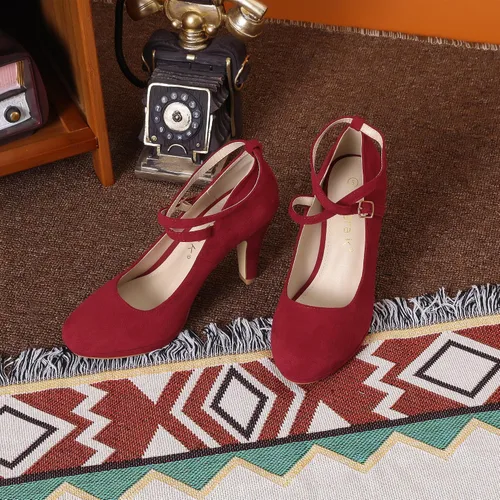 Vista 2 de Allegra K Zapatos Mary Jane de tacón de aguja con correa cruzada para mujer
