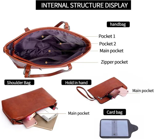 Vista 6 de Bolso y bolso vintage para mujer, bolso de hombro de cuero, bolso grande con asa superior, juego de 4 piezas, Azul oscuro
