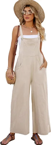 Vista 10 de Flygo Overol con pechera de algodón para mujer, ajuste holgado, pierna ancha, overol casual con bolsillos Negro