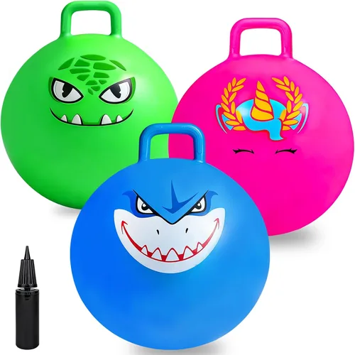 Vista 12 de Hymaz Pelota de tolva para niños de 3 a 6 años, paquete de 3 bolas inflables con asa, pelota inflable para saltar saltando, juguetes de salto