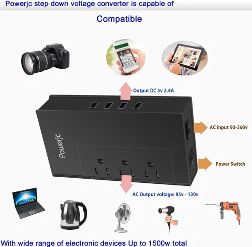 Vista 4 de Adaptador de corriente reductor de viaje convertidor de voltaje de 220 V a 110 V 1500 W con 4 puertos USB inteligente de carga para secador de pelo