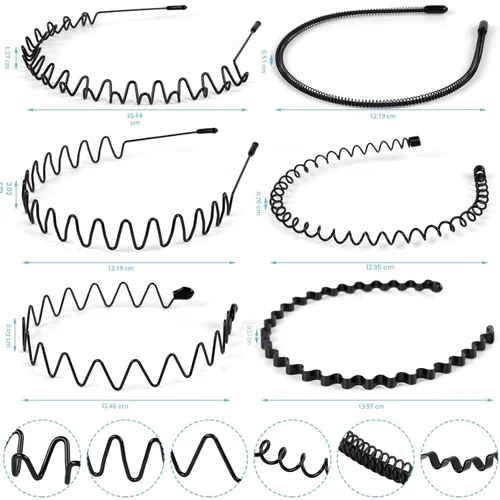 Vista 2 de 6 unidades de diademas de metal, muelle ondulado, unisex, color negro, antideslizante, para peinado liso, diadema deportiva para mujeres y hombres