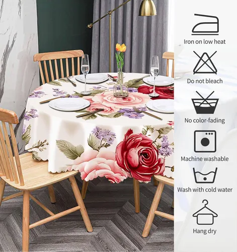 Vista 6 de IBILIU Mantel redondo con diseño floral de rosas, flores de acuarela, flores rosas, flores moradas, mantel circular decorativo para cocina
