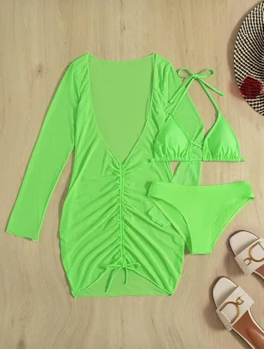Vista 3 de SherryDC Traje de baño sexy de 3 piezas para mujer, conjunto de bikini triangular con cuello halter y manga larga, traje de baño con cordón