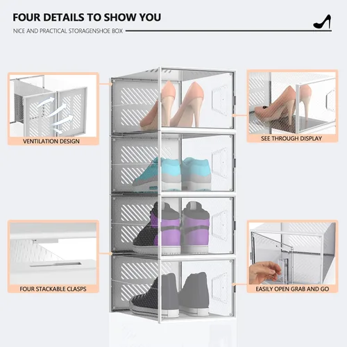 Vista 5 de Cajas de almacenamiento de zapatos plegables XXL, paquete de 6 cajas de zapatos apilables de plástico transparente, organizador de zapatos