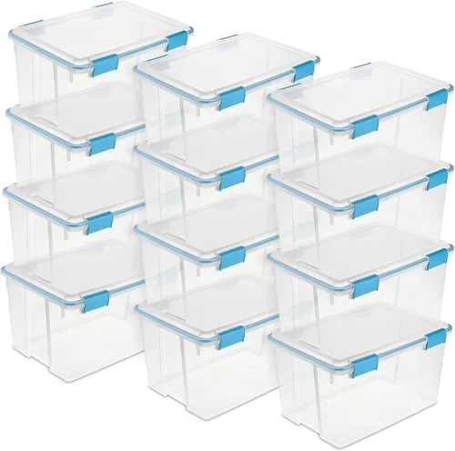 Vista 14 de Sterilite 19414306 - Caja de almacenamiento de plástico transparente de 7.5 cuartos y tapa con pestillos azules
