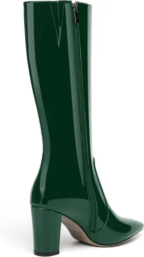 Vista 33 de AMBELIGHT Botas altas hasta la rodilla con cremallera y puntera puntiaguda para mujer, de patente sólida, tacón alto, 3.3 pulgadas