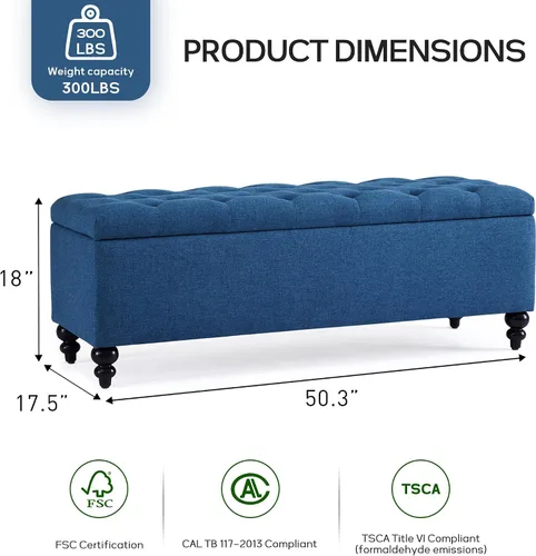 Vista 2 de HUIMO Otomana con almacenamiento, banco de tela tapizado azul de 51 pulgadas con diseño de extremo de cama con botones, capacidad de peso de 300