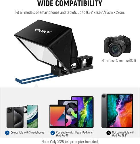 Vista 6 de NEEWER Basics X12B de aleación de aluminio teleprompter elevable de 12" para iPad Tablet DSLR Cámara, sin ensamblaje, control remoto y aplicación
