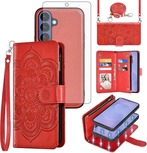 Vista 19 de Asuwish Funda de teléfono para Samsung Galaxy S26 5G con cremallera, magnética, desmontable, con protector de pantalla de vidrio templado, correa