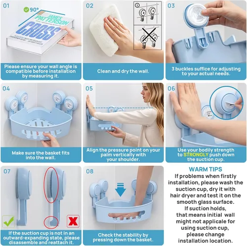 Vista 6 de LEVERLOC Organizador esquinero para ducha con ventosa, cesta de ducha potente con ventosa, organizador impermeable y resistente al óxido