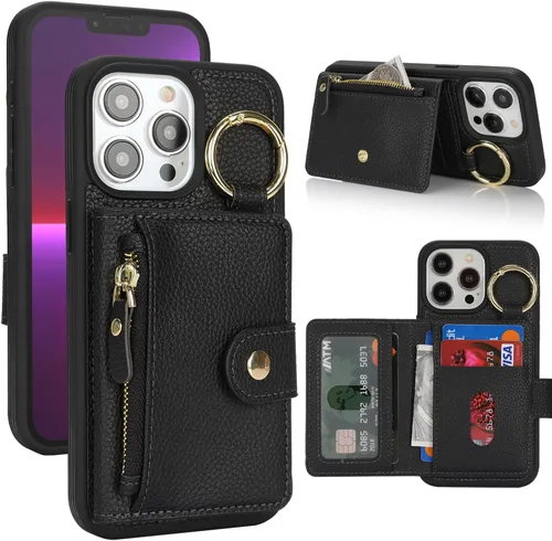 Vista 26 de Funda para iPhone 14 Plus con tarjetero, color negro Funda con cremallera y ranura para mujer y hombre