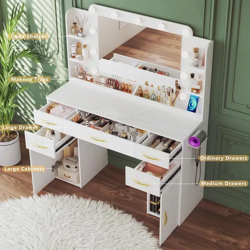 Vista 6 de Escritorio de tocador de 45.5 pulgadas con espejo y luces, tocador de maquillaje con luces, 3 ajustes de modelos y toma de corriente, escritorio