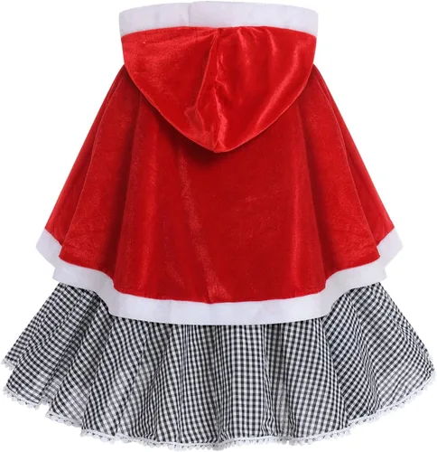 Vista 15 de IDOPIP Vestido de fiesta de Navidad para mujeres y niñas, vestido de tutú a cuadros rojos con capa con capucha, disfraz familiar a juego