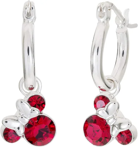 Vista 2 de Disney Minnie Mouse Jewelry, Crystal Birthstone Silver Plated Hoop Dangle Earrings, Latch Back
