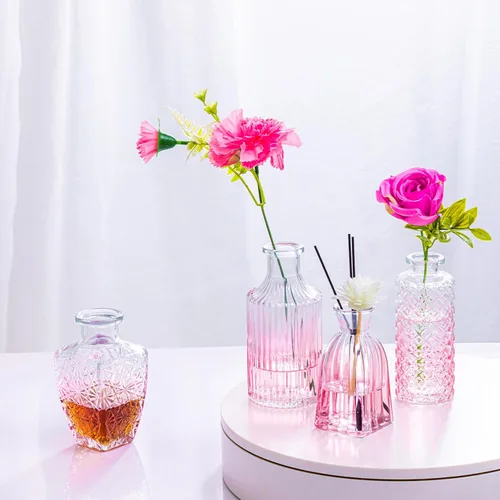 Vista 4 de Juego de 24 jarrones pequeños de cristal rosa para centros de mesa de fiesta Flaco, Floral, Boda, Jardín, Decoraciones de Mesa, Entradas, Hogar