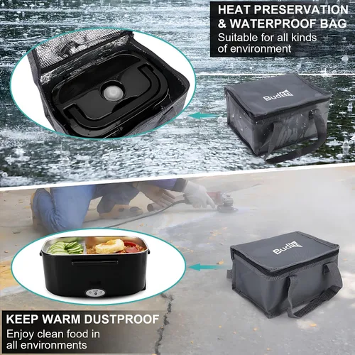Vista 7 de Lonchera eléctrica, calentador de alimentos portátil para automóvil, camión, oficina, adaptador de 12 V, 24 V, 110 V, a prueba de fugas, recipiente