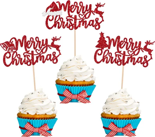 Vista 30 de Paquete de 24 Adornos Navideños Oh Baby para Cupcakes con Sombrero de Navidad con Purpurina, Palillos de Comida para Baby Shower para Niños y Niñas