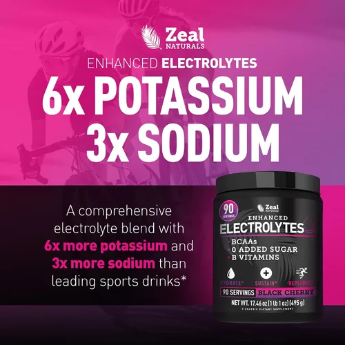 Vista 3 de Zeal Naturals Bebida de recuperación de electrolitos en polvo (90 porciones Cereza negra) con 0 azúcar+BCAA +Vitaminas B Suplemento