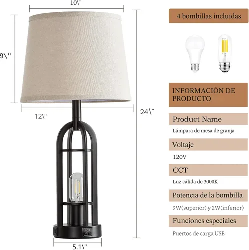 Vista 6 de SRJJA Juego de 2 lámparas de mesa negras para sala de estar, lámparas de granja para mesitas de noche con USB A+C, lámparas de noche