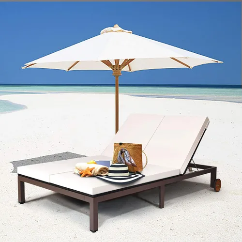 Vista 7 de DORTALA Silla reclinable de ratán para 2 personas con ruedas y cojín, sillón de mimbre doble con respaldo ajustable, juego de conversación de Blanco