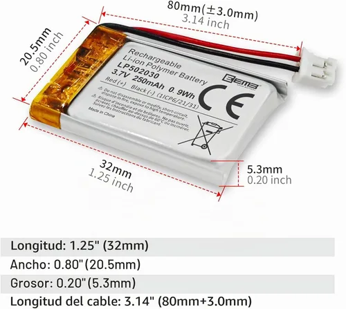 Vista 5 de EEMB Batería de polímero de litio 3.7 V 250 mAh 502030 Lipo Batería recargable con conector JST de cable para VXI Blue Parrott - Confirma