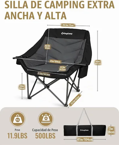 Vista 2 de KingCamp Silla de camping extragrande XL, sofá plegable resistente de 500