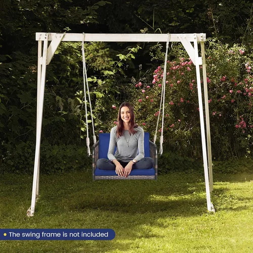 Vista 4 de HAPPYGRILL Silla de columpio para porche, asiento colgante tejido de ratán con cuerdas para colgar, ganchos de cojines, banco colgante de mimbre