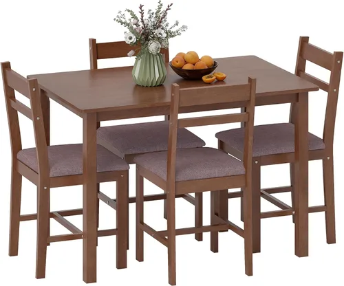 Vista 10 de HOMCOM Juego de mesa de comedor de madera maciza de 5 piezas para 4, nogal Nogal y gris