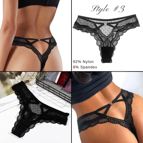 Vista 3 de Ropa interior sexy negra Paquete variado de 5 Bragas de encaje Ropa interior para mujer Bragas para mujer Lencería para mujer