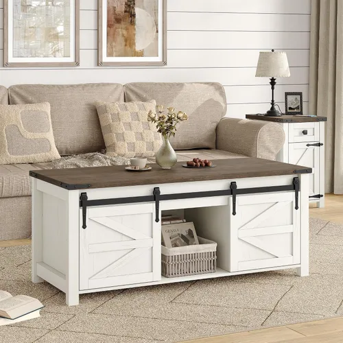 Vista 3 de Furnihold Mesa auxiliar de 47.3 pulgadas con almacenamiento, mesa de centro de madera de granja con parte superior elevable, puertas corredizas