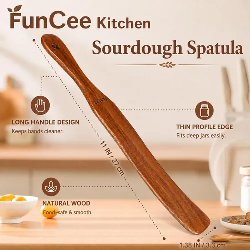 Vista 5 de Paquete de 2 Spurtle de madera para masa madre, mezcla, alcanzar el fondo del frasco, batidor de masa, espátula de frasco de mango largo