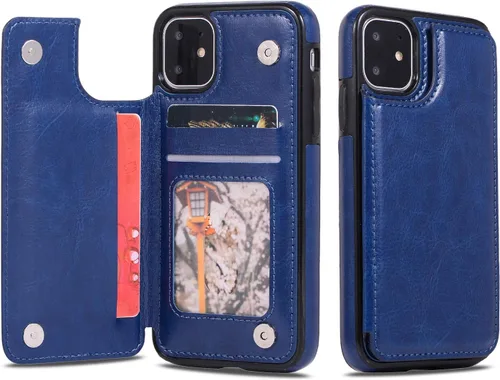 Vista 7 de UEEBAI Funda para iPhone 11 Pro Max, funda de piel sintética de lujo con [dos cierres magnéticos] [ranuras para tarjetas] función de soporte