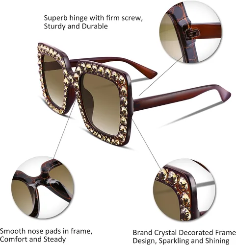 Vista 4 de FEISEDY - Gafas de sol de cristal brillante para mujer, gran tamaño, cuadradas, marco grueso, B2283