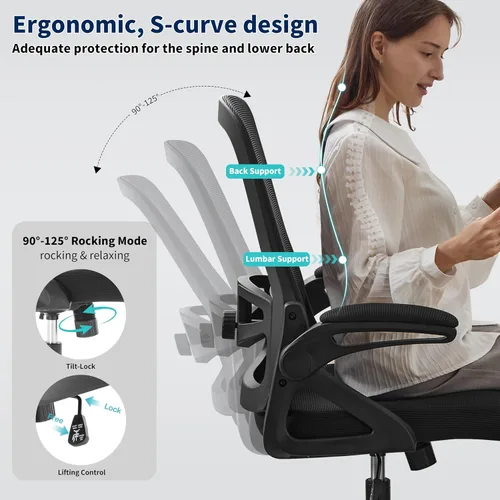 Vista 6 de Silla de Oficina Ergonómica, Silla de Escritorio con Soporte Lumbar Ajustable, Sillas de Computadora Cómodas de Malla Transpirable con Reposabrazos