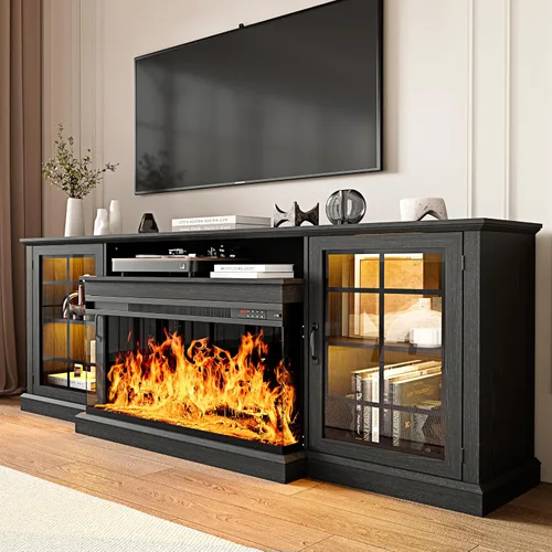 Vista 10 de MXV - Soporte de chimenea para TV de 59 pulgadas, centro de entretenimiento estilo granja con soporte de TV de 3 lados de vidrio, consola multimedia