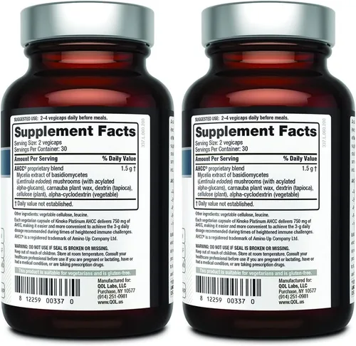 Vista 2 de Quality of Life AHCC Kinoko Platinum 750 mg - Suplemento de apoyo inmunológico premium - Paquete de 2, botellas de 60