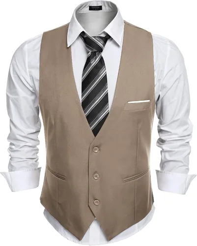 Vista 3 de COOFANDY Chaleco de traje de negocios casual para hombre, ajustado, a la cintura, formal